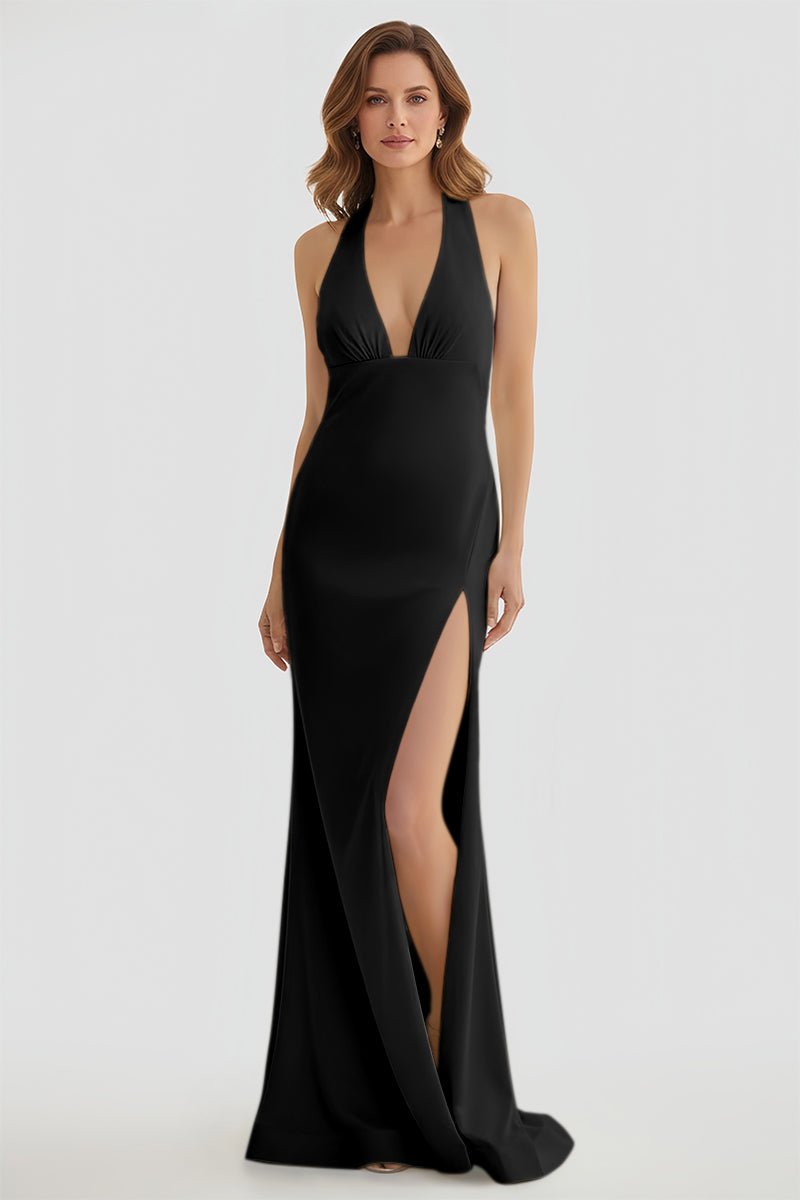 Alaric | Mermaid Deep V Neck Yellow Satin Long Prom Dresses with Slit - KissProm