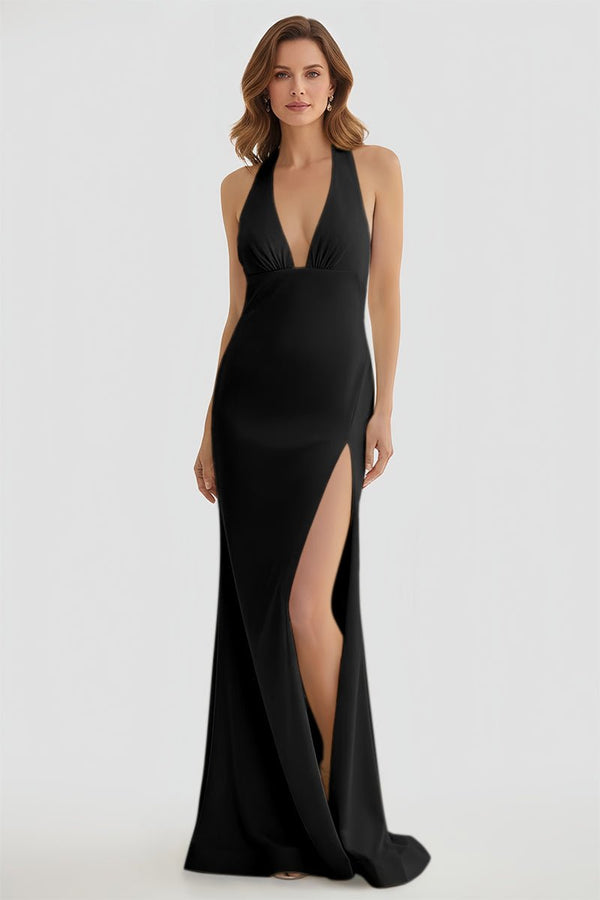 Mermaid Deep Halter Yellow Satin Long Prom Dresses with Slit - KISSPROM PROM DRESSES