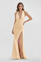Alaric | Mermaid Deep V Neck Yellow Satin Long Prom Dresses with Slit - KissProm