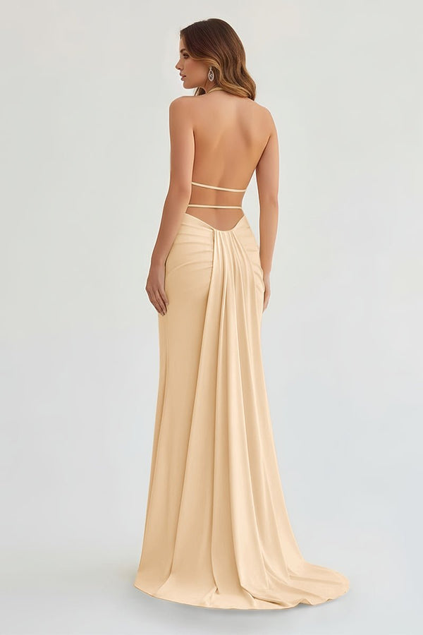 Mermaid Deep Halter Yellow Satin Long Prom Dresses with Slit, Champagne / 10 Mermaid Deep Halter Yellow Satin Long Prom Dresses with Slit, Champagne / 10