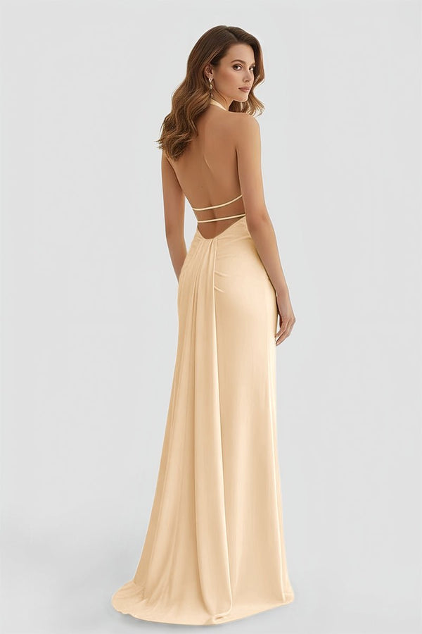 Mermaid Deep Halter Yellow Satin Long Prom Dresses with Slit