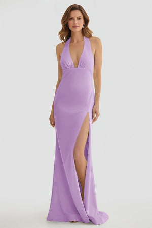 Mermaid Deep Halter Yellow Satin Long Prom Dresses with Slit - KISSPROM PROM DRESSES