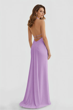 Mermaid Deep Halter Yellow Satin Long Prom Dresses with Slit - KISSPROM PROM DRESSES