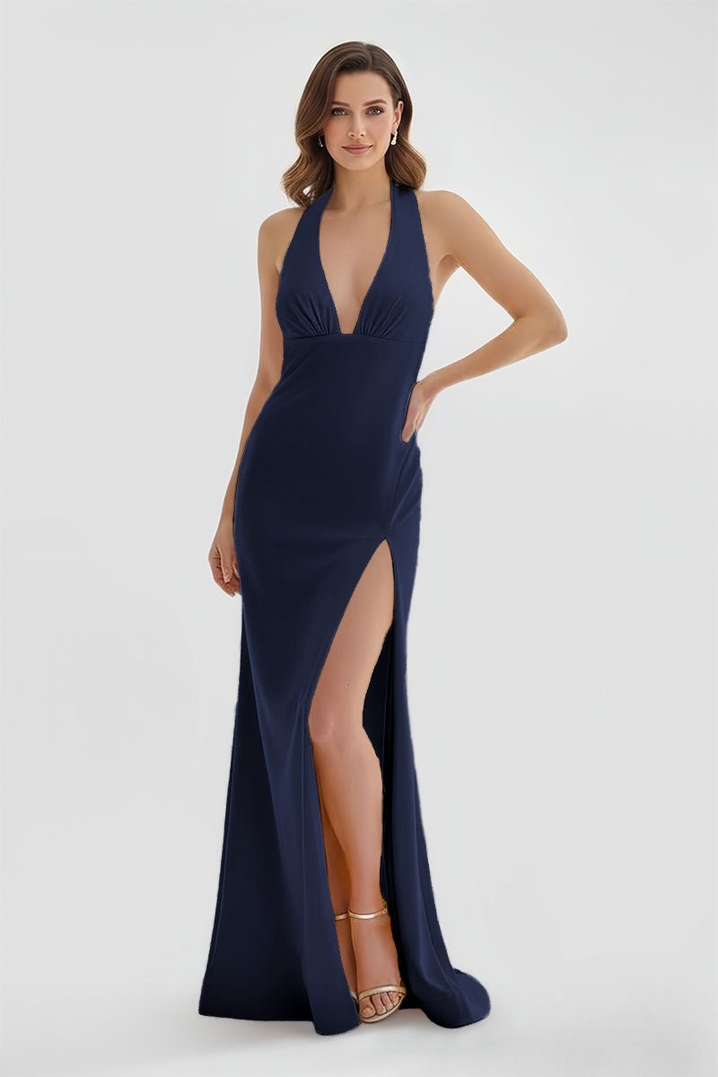 Alaric | Mermaid Deep V Neck Yellow Satin Long Prom Dresses with Slit - KissProm