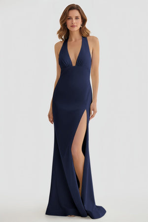 Mermaid Deep Halter Yellow Satin Long Prom Dresses with Slit - KISSPROM PROM DRESSES
