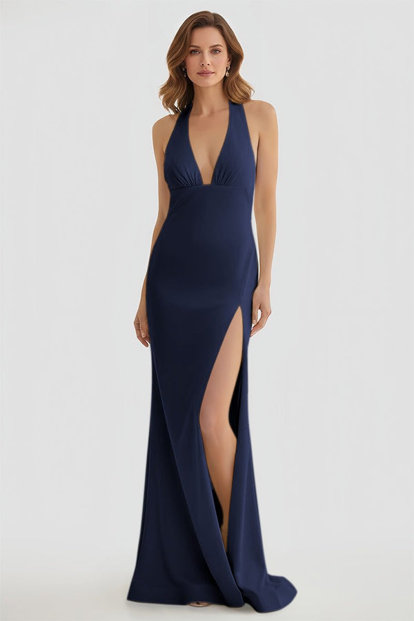 Mermaid Deep Halter Yellow Satin Long Prom Dresses with Slit - KISSPROM PROM DRESSES