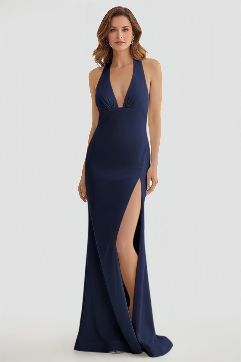 Alaric | Mermaid Deep V Neck Yellow Satin Long Prom Dresses with Slit - KissProm