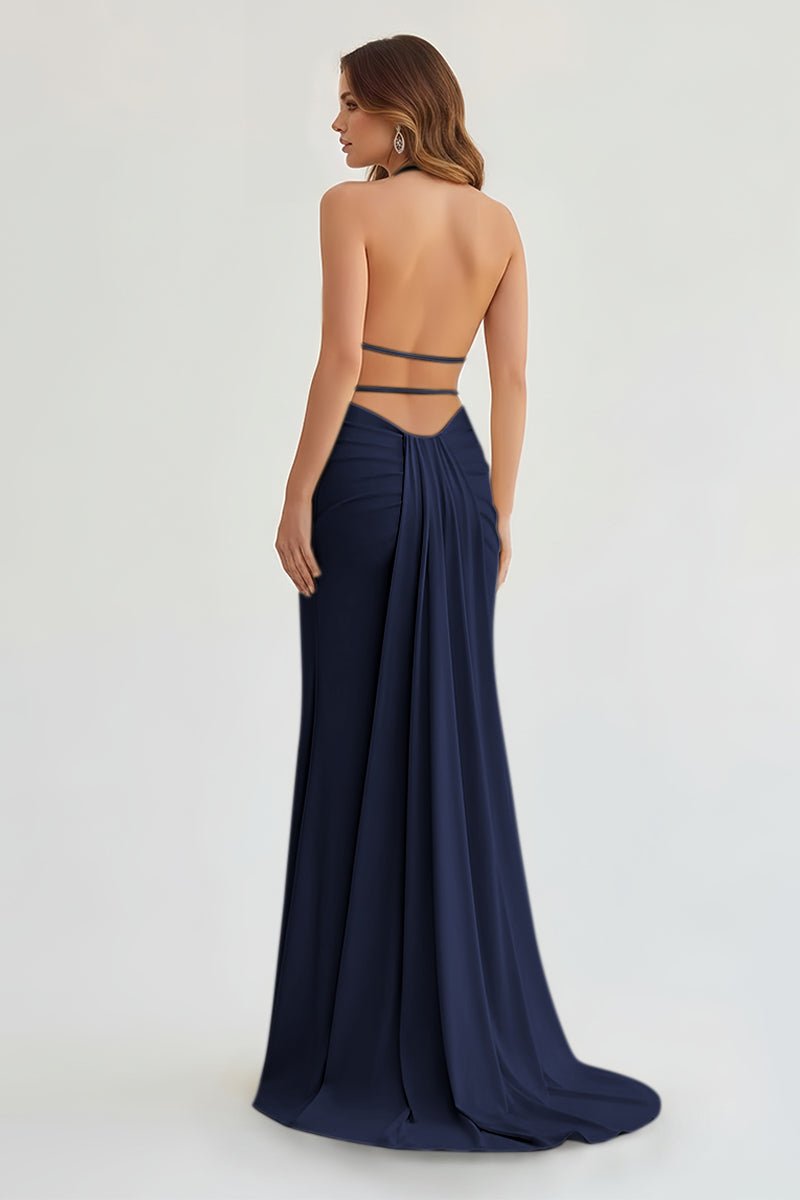 Alaric | Mermaid Deep V Neck Yellow Satin Long Prom Dresses with Slit - KissProm