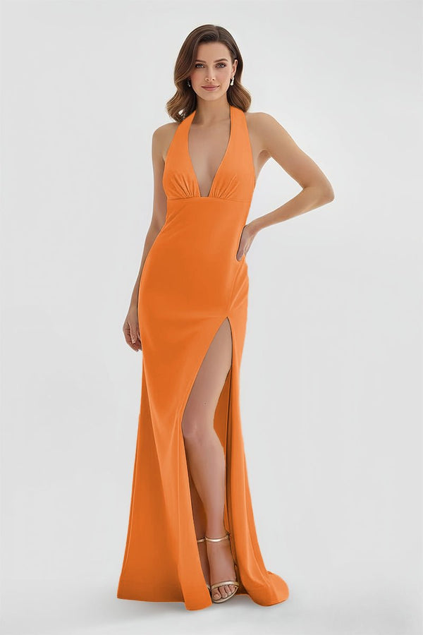 slim fit dress slacks Mermaid Deep Halter Yellow Satin Long Prom Dresses with Slit