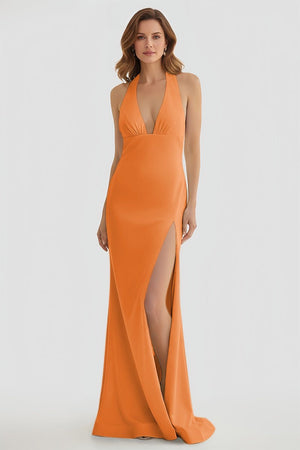 Mermaid Deep Halter Yellow Satin Long Prom Dresses with Slit - KISSPROM PROM DRESSES