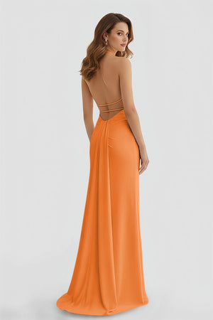 Mermaid Deep Halter Yellow Satin Long Prom Dresses with Slit - KISSPROM PROM DRESSES