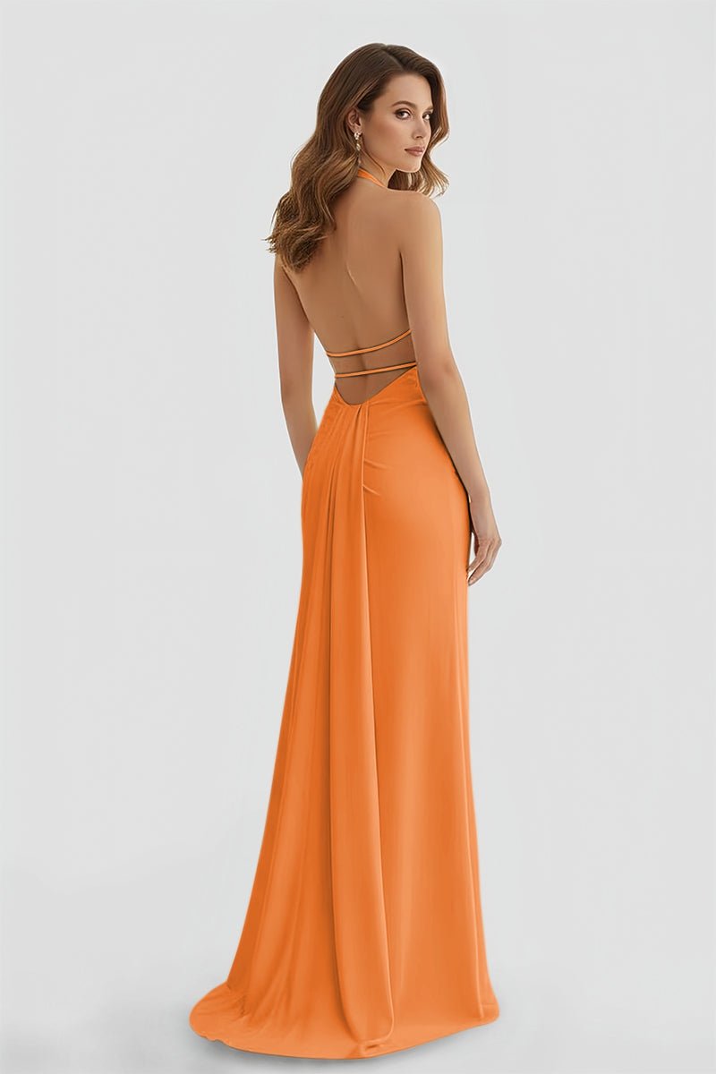 Alaric | Mermaid Deep V Neck Yellow Satin Long Prom Dresses with Slit - KissProm