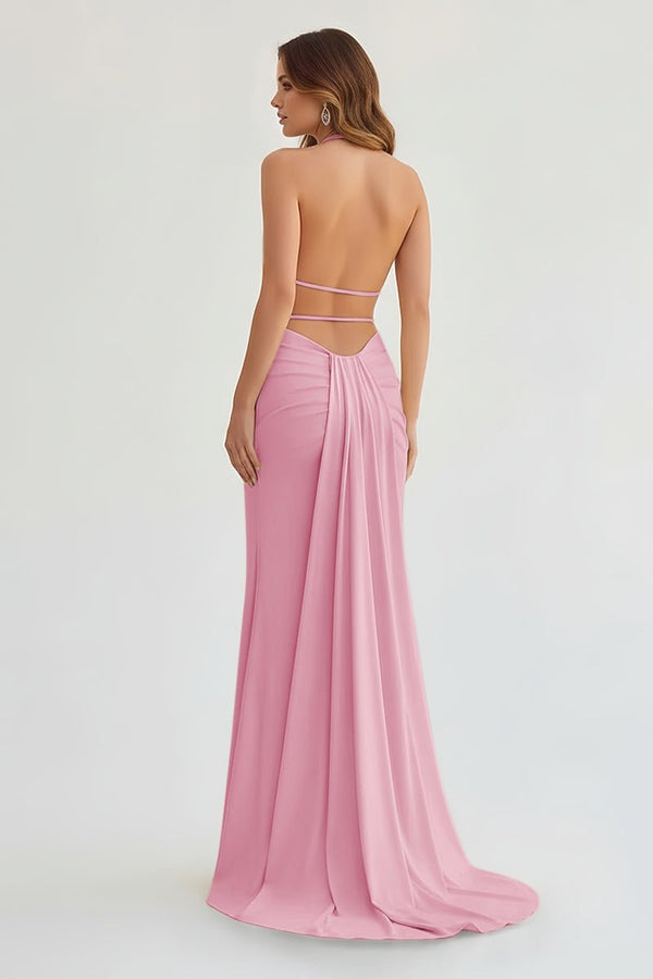 Mermaid Deep Halter Yellow Satin Long Prom Dresses with Slit - KISSPROM PROM DRESSES