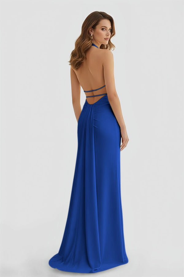 Mermaid Deep Halter Yellow Satin Long Prom Dresses with Slit - KISSPROM PROM DRESSES