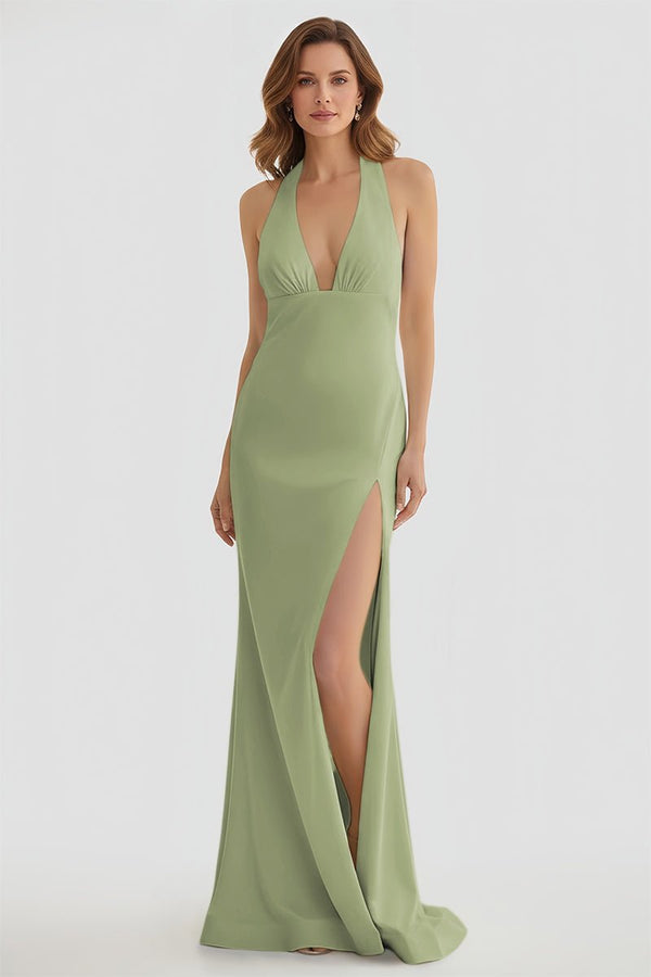 Mermaid Deep Halter Yellow Satin Long Prom Dresses with Slit - KISSPROM PROM DRESSES