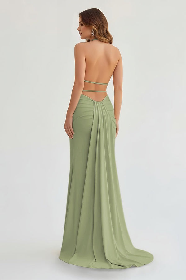 Mermaid Deep Halter Yellow Satin Long Prom Dresses with Slit - KISSPROM PROM DRESSES