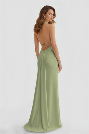 Mermaid Deep Halter Yellow Satin Long Prom Dresses with Slit - KISSPROM PROM DRESSES