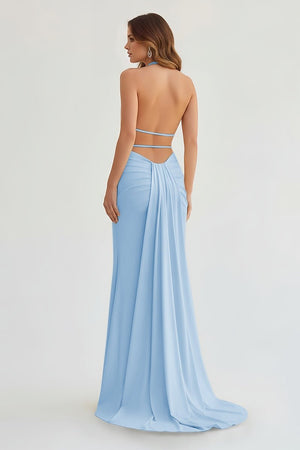 Mermaid Deep Halter Yellow Satin Long Prom Dresses with Slit - KISSPROM PROM DRESSES