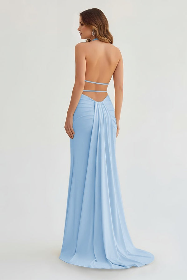 Mermaid Deep Halter Yellow Satin Long Prom Dresses with Slit - KISSPROM PROM DRESSES