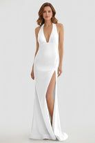 Alaric | Mermaid Deep V Neck Yellow Satin Long Prom Dresses with Slit - KissProm