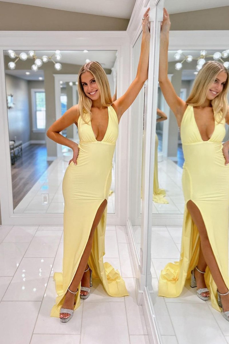 KissProm-Alaric Mermaid Deep V Neck Lemon Satin Long Prom Dresses with Slit