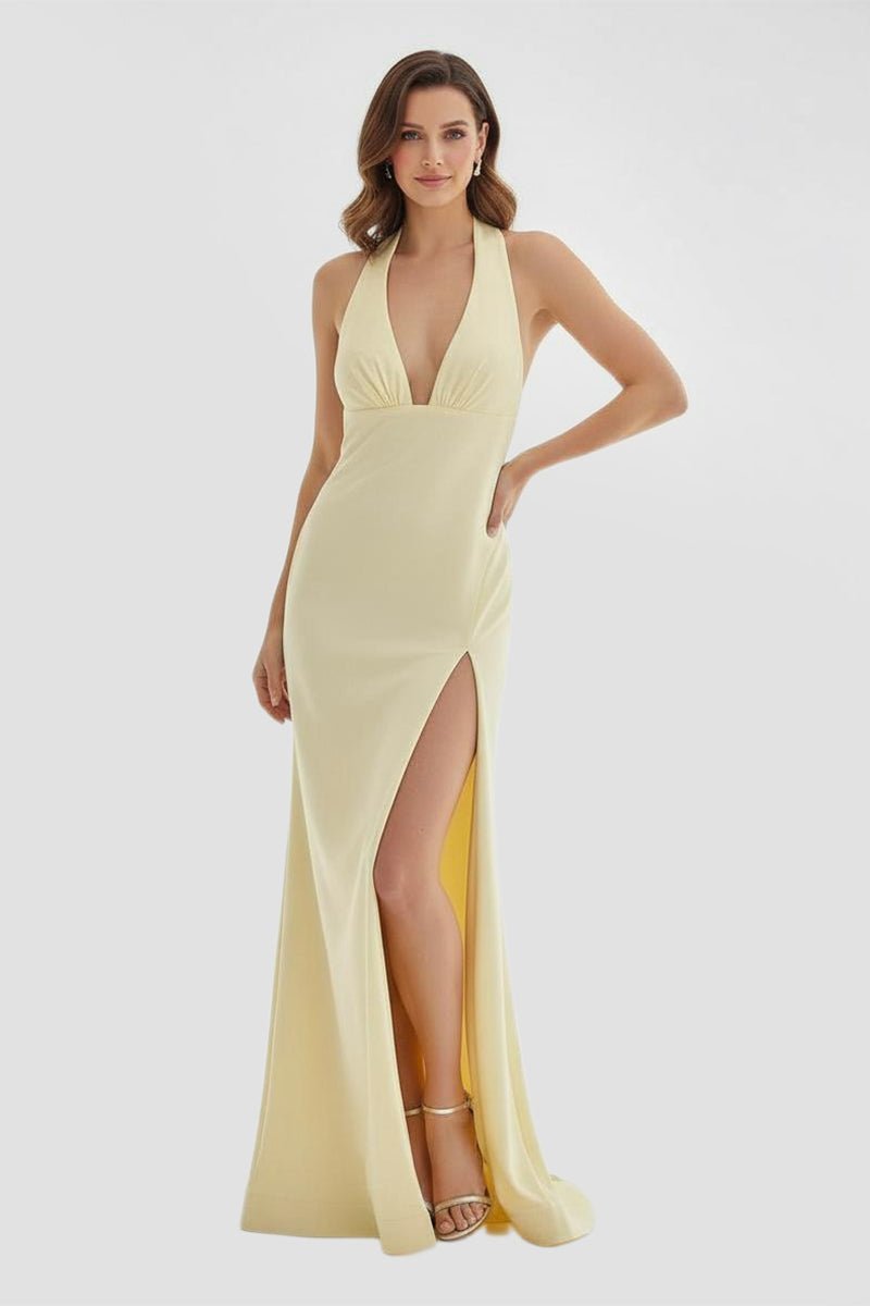 KissProm-Alaric Mermaid Deep V Neck Yellow Satin Long Prom Dresses with Slit