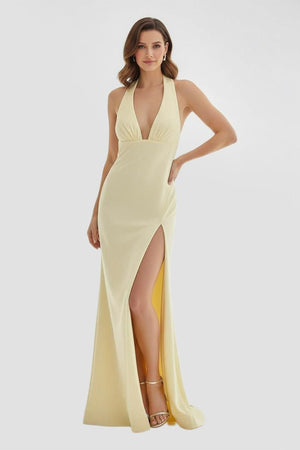 KissProm-Alaric Mermaid Deep V Neck Yellow Satin Long Prom Dresses with Slit