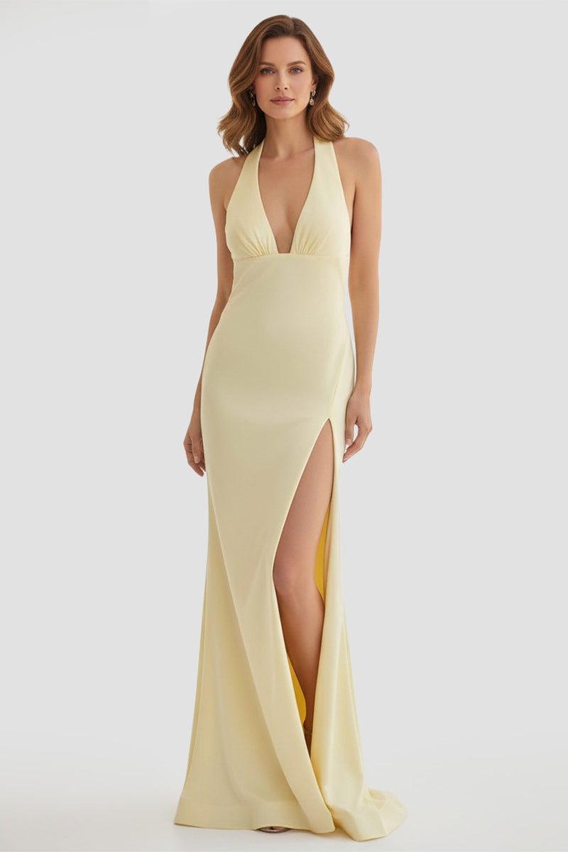 KissProm-Alaric Mermaid Deep V Neck Yellow Satin Long Prom Dresses with Slit
