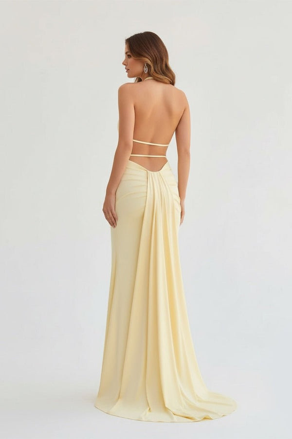 Mermaid Deep Halter Yellow Satin Long Prom Dresses with Slit, Champagne / 10 Mermaid Deep Halter Yellow Satin Long Prom Dresses with Slit, Champagne / 10