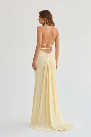 Mermaid Deep Halter Yellow Satin Long Prom Dresses with Slit - KISSPROM PROM DRESSES