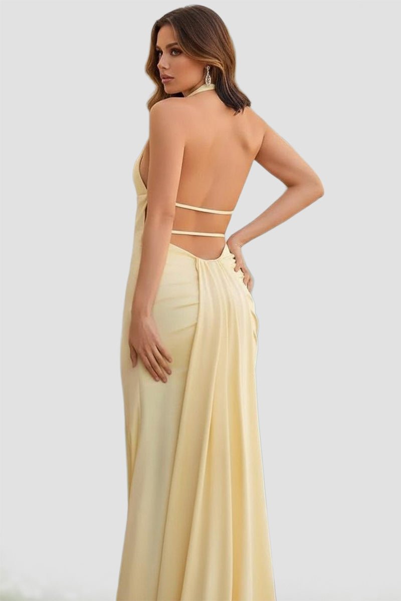 KissProm-Alaric Mermaid Deep V Neck Yellow Satin Long Prom Dresses with Slit