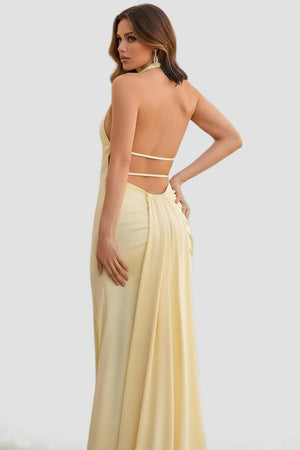 Mermaid Deep Halter Yellow Satin Long Prom Dresses with Slit - KISSPROM PROM DRESSES