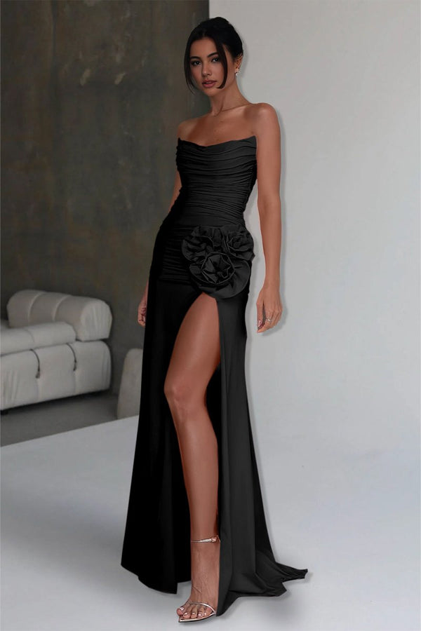 Albine | Black - Strapless Mermaid Chiffon Pleated Long Prom Dresses With Floral - KissProm