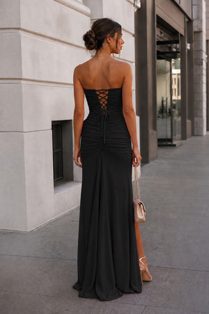 Black Strapless Mermaid Chiffon Pleated Long Prom Dresses With Floral-KissProm
