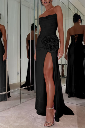 Albine | Black - Strapless Mermaid Chiffon Pleated Long Prom Dresses With Floral - KissProm