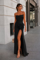 Black Strapless Mermaid Chiffon Pleated Long Prom Dresses With Floral-KissProm