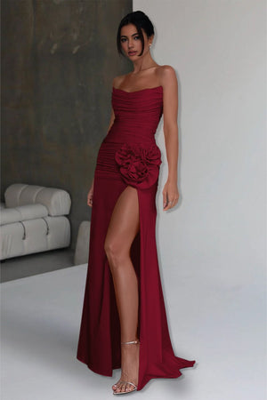 Albine | Burgundy - Strapless Mermaid Chiffon Pleated Long Prom Dresses With Floral - KissProm