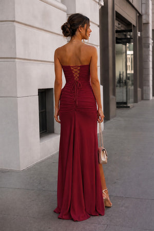 Burgundy Strapless Mermaid Chiffon Pleated Long Prom Dresses With Floral-KissProm