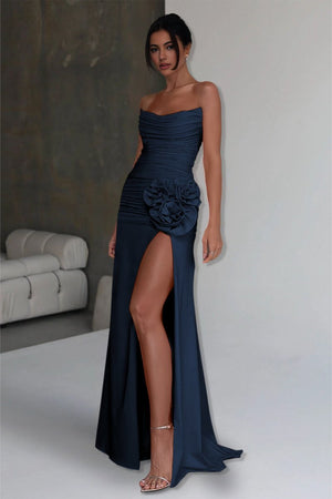 Albine | Navy Blue - Strapless Mermaid Chiffon Pleated Long Prom Dresses With Floral - KissProm