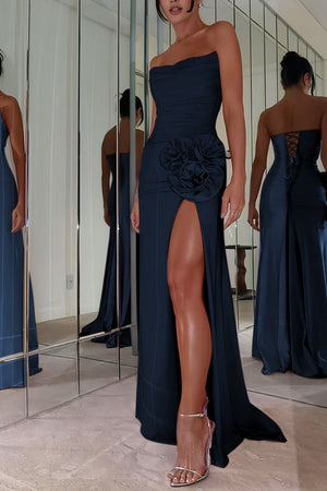 Albine | Navy Blue - Strapless Mermaid Chiffon Pleated Long Prom Dresses With Floral - KissProm