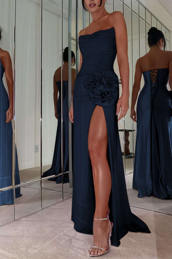 Albine | Navy Blue - Strapless Mermaid Chiffon Pleated Long Prom Dresses With Floral - KissProm