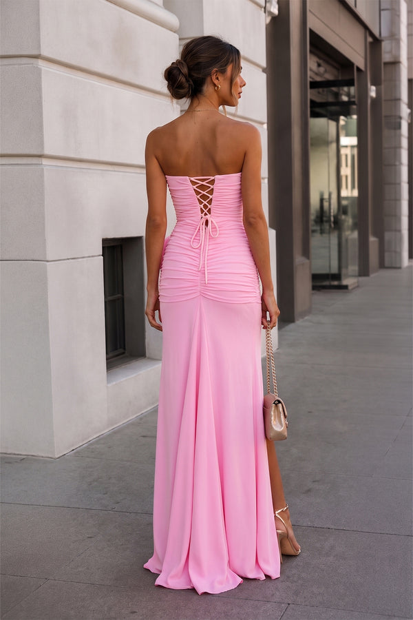 Pink Strapless Mermaid Chiffon Pleated Long Prom Dresses With Floral-KissProm