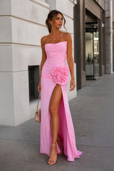 Pink Strapless Mermaid Chiffon Pleated Long Prom Dresses With Floral-KissProm