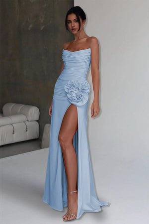 Albine | Sky Blue - Strapless Mermaid Chiffon Pleated Long Prom Dresses With Floral - KissProm