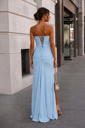Sky Blue Strapless Mermaid Chiffon Pleated Long Prom Dresses With Floral-KissProm