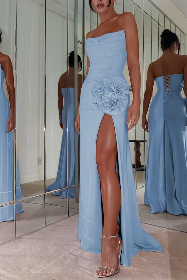 Albine | Sky Blue - Strapless Mermaid Chiffon Pleated Long Prom Dresses With Floral - KissProm