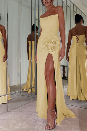 Albine | Yellow - Strapless Mermaid Chiffon Pleated Long Prom Dresses With Floral - KissProm