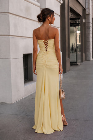 Yellow Strapless Mermaid Chiffon Pleated Long Prom Dresses With Floral-KissProm