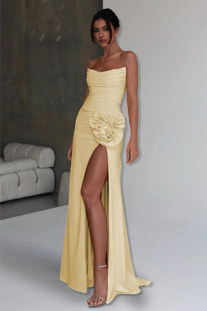 Albine | Yellow - Strapless Mermaid Chiffon Pleated Long Prom Dresses With Floral - KissProm