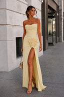 Yellow Strapless Mermaid Chiffon Pleated Long Prom Dresses With Floral-KissProm